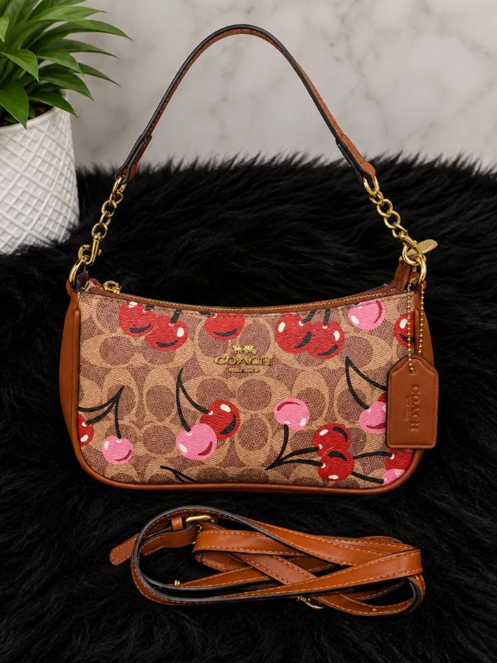 Brown Signature Cherry Print Shoulder Bag